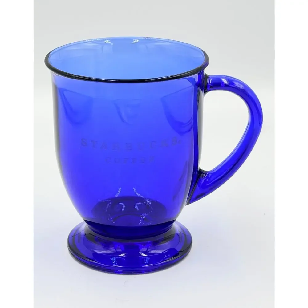 Vintage STARBUCKS Cobalt Blue Anchor Hocking Glass Pedestal Coffee Cup Mug 1990s